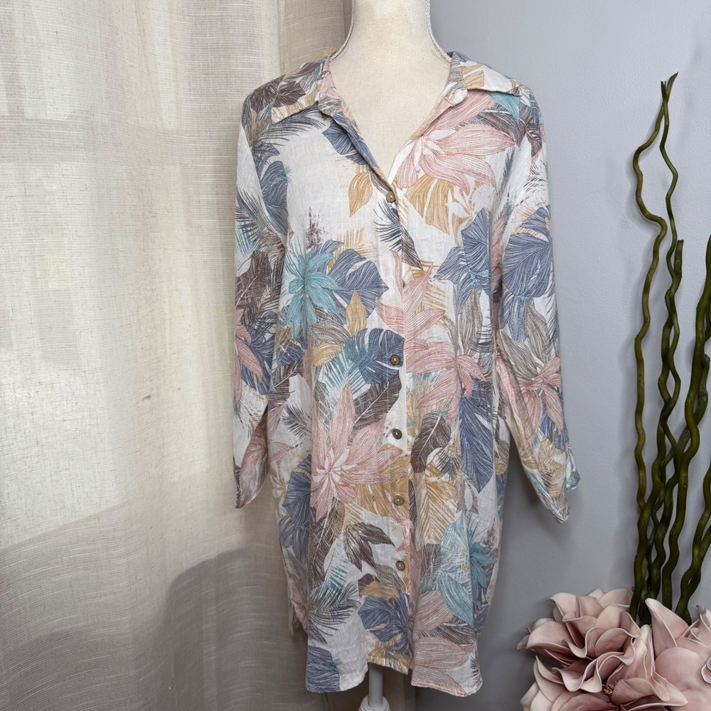 Rosemarine‎ 100% Linen Button Down Tunic Italy Tropical Floral Women's Medium